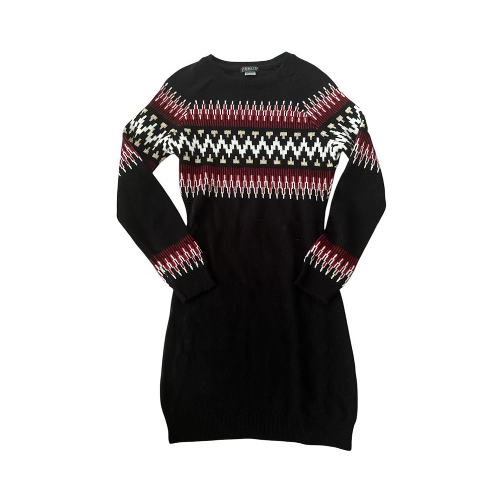 VENUS Black Sweater Dress with Red and White Design